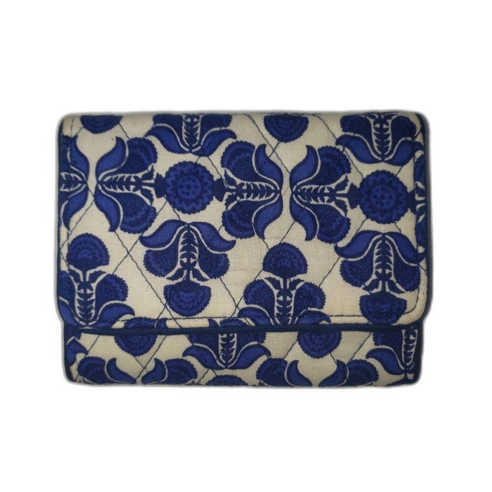 Vera Bradley Trifold Wallet Petite Colbalt Tile Blue and White Quilted Cotton - Picture 1 of 4
